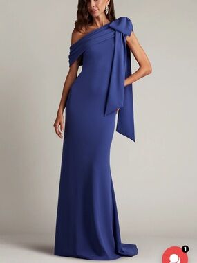 Tadashi Shoji One-Shoulder Sapphire Blue Gown with Draped Bow